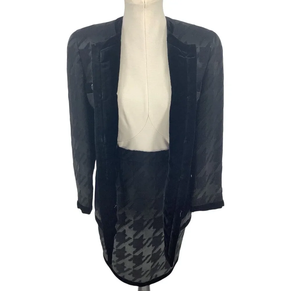 ESCADA Womens 34 US 2 Black Wool Silk Houndstooth Skirt & Blazer Elegant Luxury - Picture 8 of 16